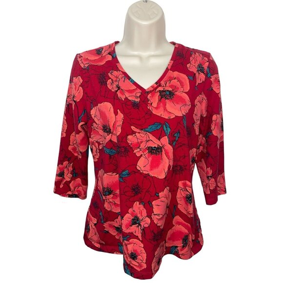 DENIM & COMPANY Women's XS Red Floral Stretch Fabric Top - Picture 1 of 10